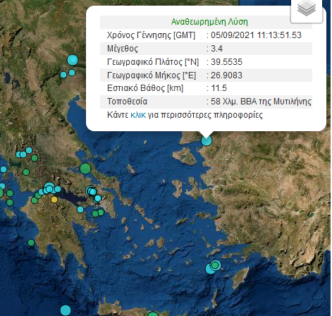 Σεισμός 3,4 ρίχτερ βορειοανατολικά της Μυτιλήνης